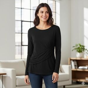 CAbi Applaud Top Faux Wrap Tunic Black Long Sleeve Ruched‎ Knit - Size XS